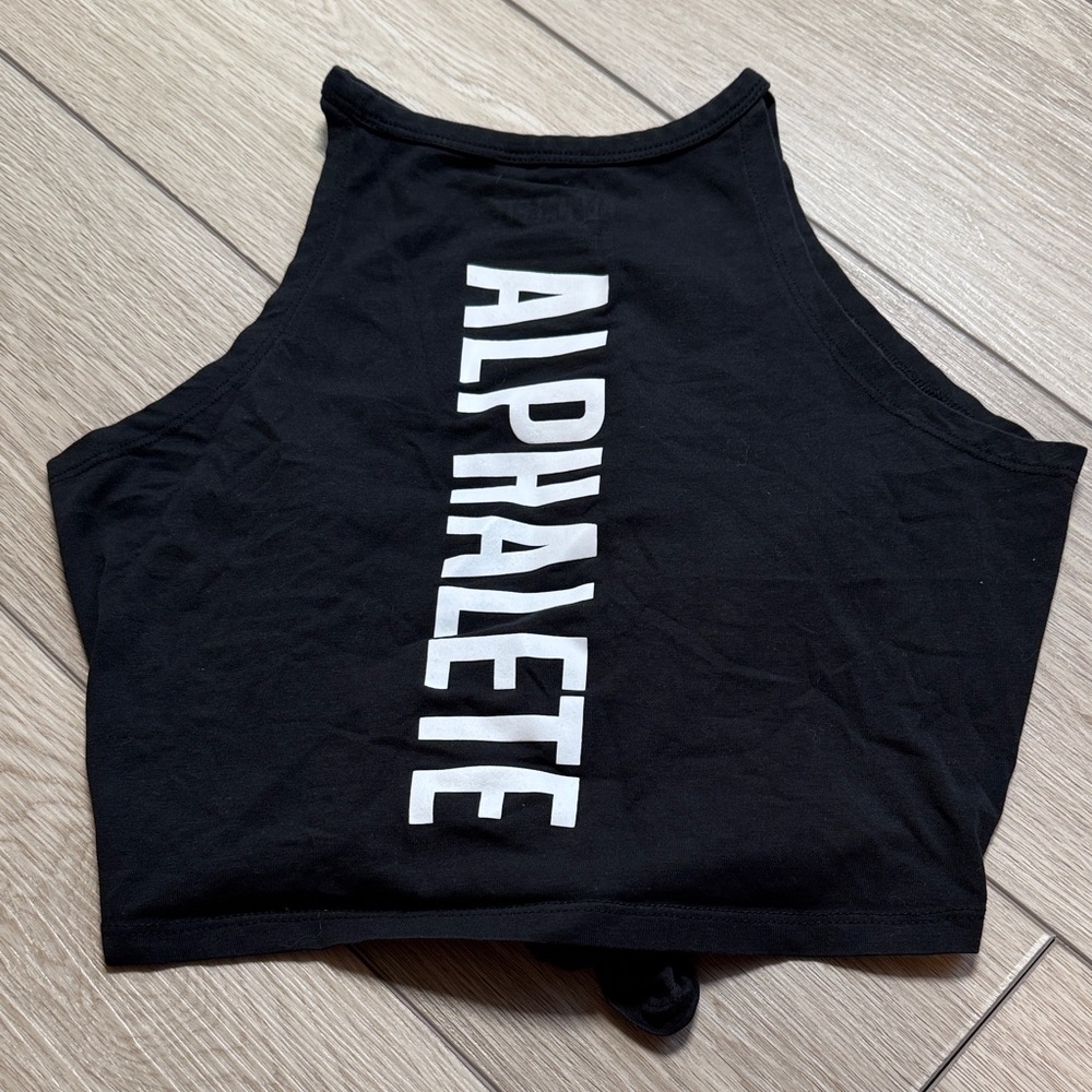 Alphalete Tank Top Womens Small Black Tie Front Cropped High Neck Line Spellout
